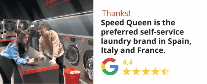 Speed Queen logo displayed prominently, representing the leading self-service laundry brand in France, Italy, and Spain.